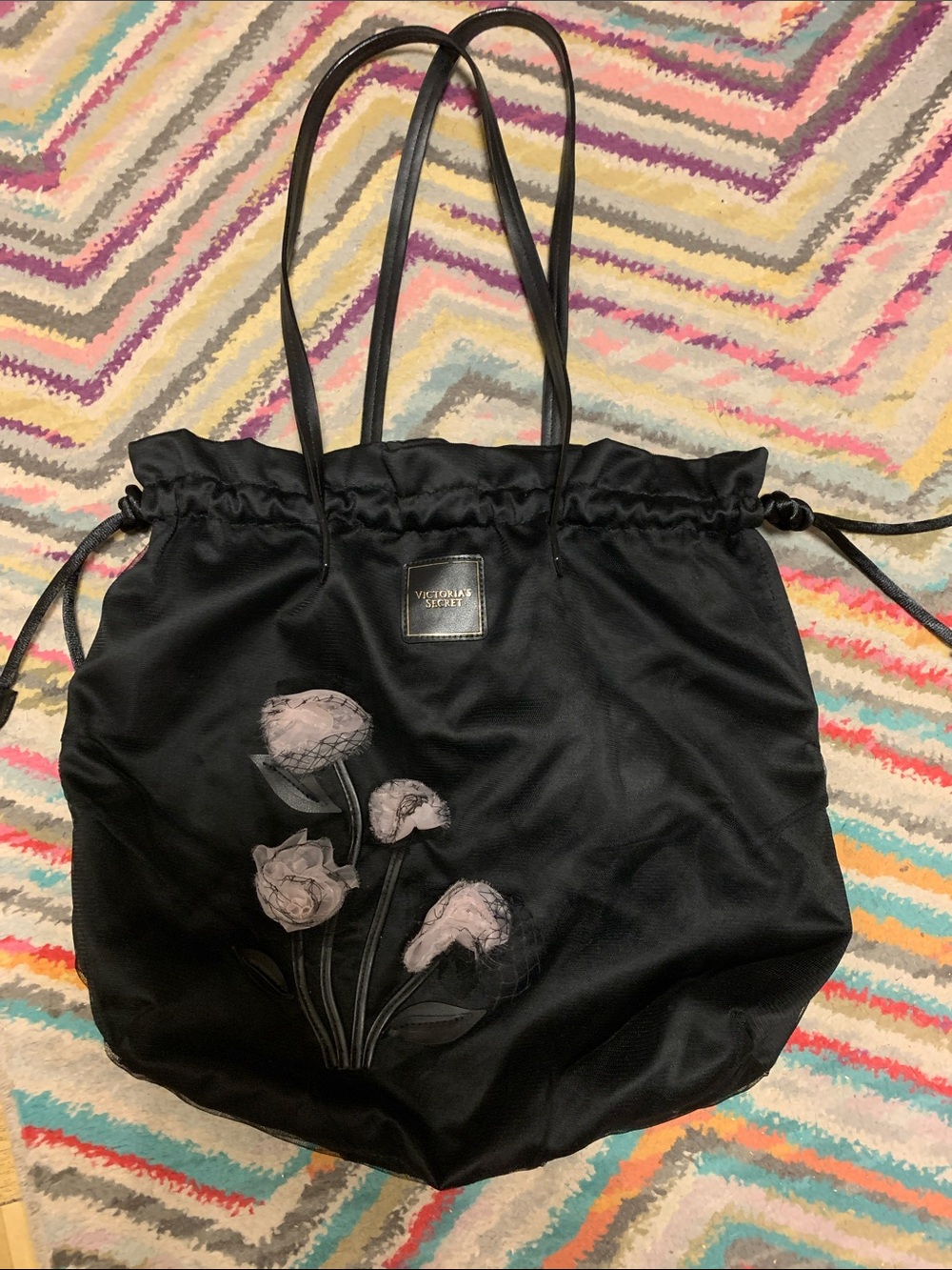 Victoria's Secret Black Tote with Pink Floral Appliqué
